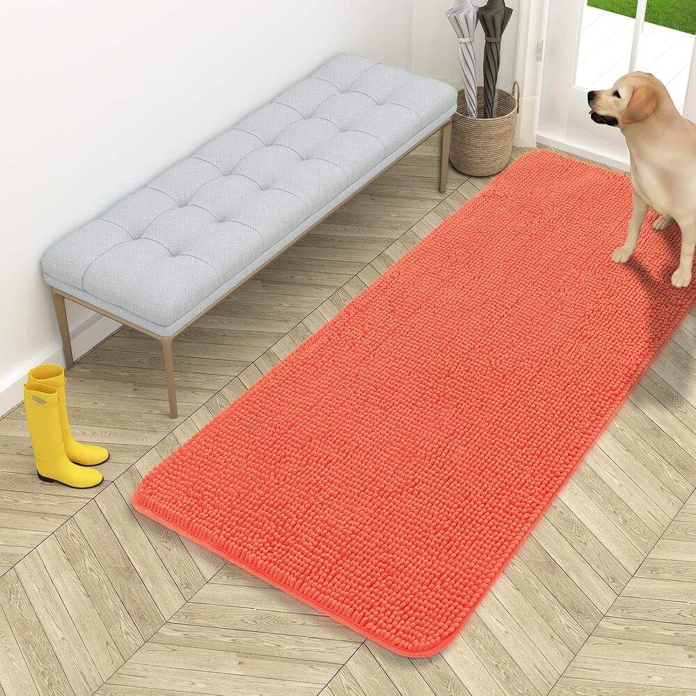 OLANLY Dog Door Mat 54x24 Coral Chenille Absorbent Washable Non Slip Mud Rug